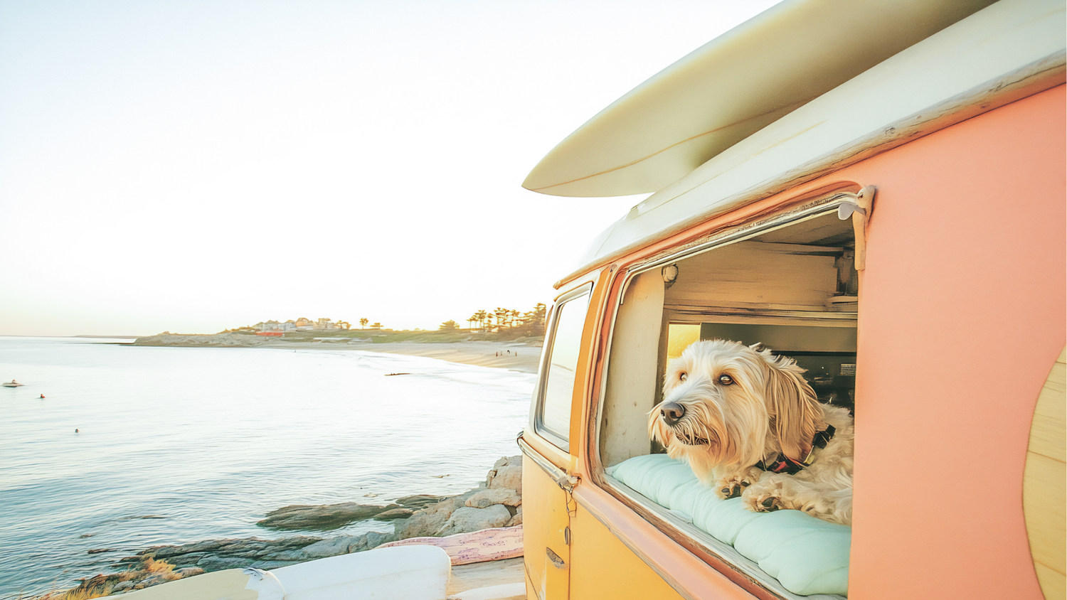 Dog looking out of a window of a van by the beach